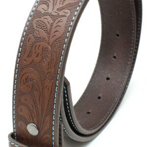 BC Belts Leather Belt Strap with Embossed Western Scrollwork 1.5" Wide with Snaps (Brown/Teal-S)