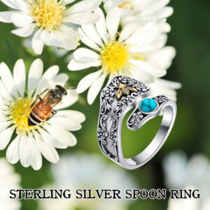 HUKKUN Spoon Ring Sterling Silver Chunky Gold Bee Rings for Women Adjustable Turquoise Ring