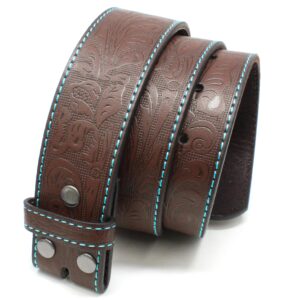 bc belts leather belt strap with embossed western scrollwork 1.5" wide with snaps (brown/teal-s)