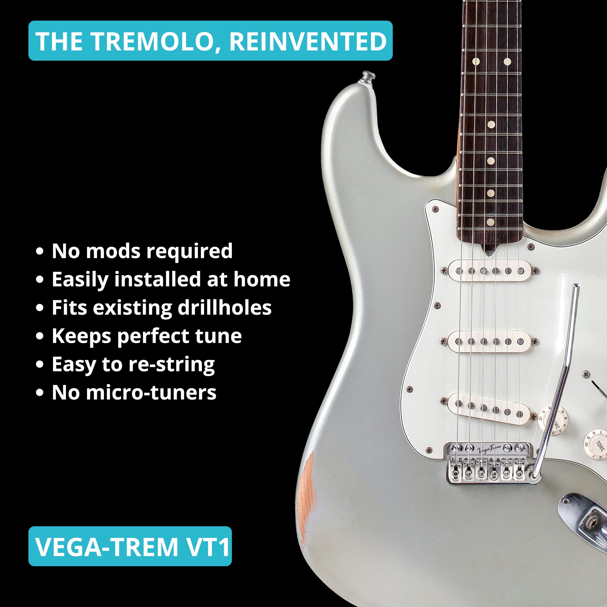 Vega-Trem VT1 Standard 6-Screw Glossy Stratocaster Guitar Tremolo Bridge For Strat No Mods Easy Installation