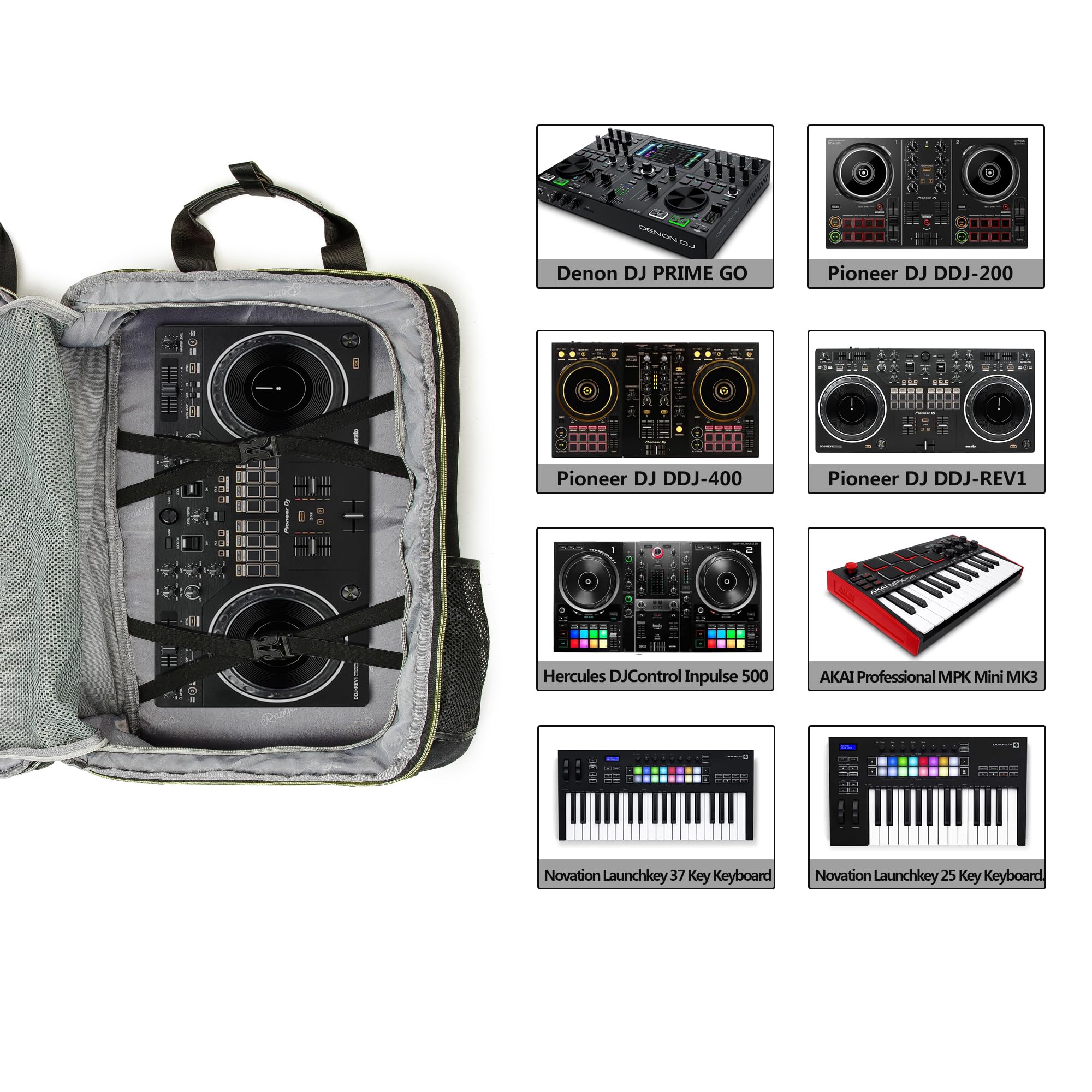 Rabjen DJ Backpack for Club Gigs, DJ Mixer Case Compatible with Pioneer DJ DDJ-REV1, DJ Controller, Novation Launchkey 37 Key Keyboard and More Equipment