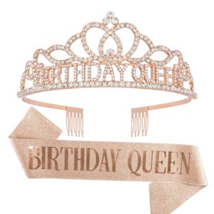 Chanaco Rose Gold Birthday Crowns, Sash and Tiara Set for Women - Happy Birthday Decorations