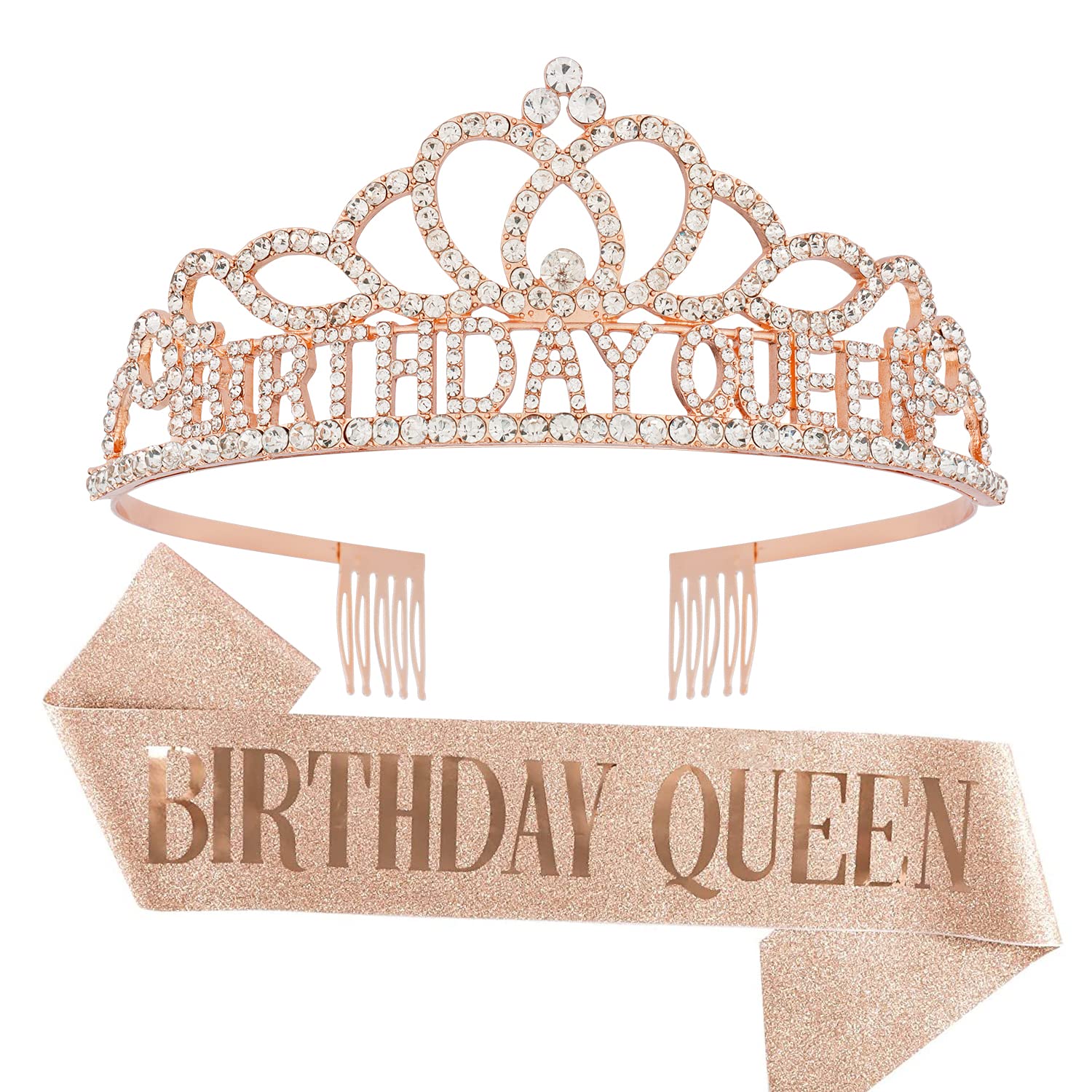 Chanaco Rose Gold Birthday Crowns, Sash and Tiara Set for Women - Happy Birthday Decorations