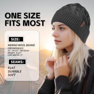 OUTDOOR SHAPING Merino Wool Beanie, Unisex Cable Knit Hat, Daily Rib Cuff Beanie, Warm Winter Cap, Black, One Size