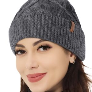 OUTDOOR SHAPING Merino Wool Beanie, Unisex Cable Knit Hat, Daily Rib Cuff Beanie, Warm Winter Cap, Dark Gray, One Size