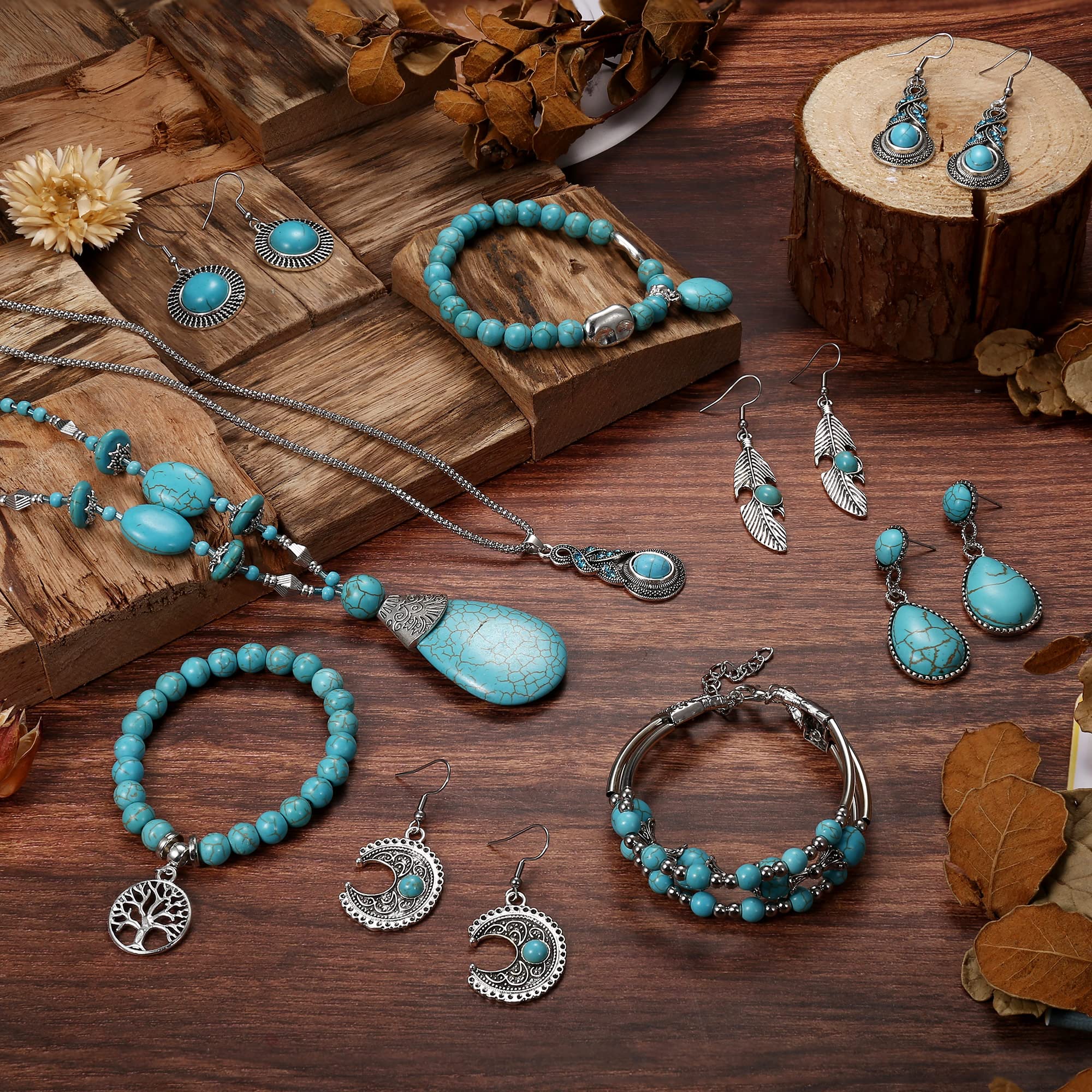 Florideco Bohemian Turquoise Jewelry Set Women Western Turquoise Pendant Necklace Layered Wrap Bangle Bracelet Turquoise Vintage Turquoise Dangle Earrings Boho Jewelry for Women A