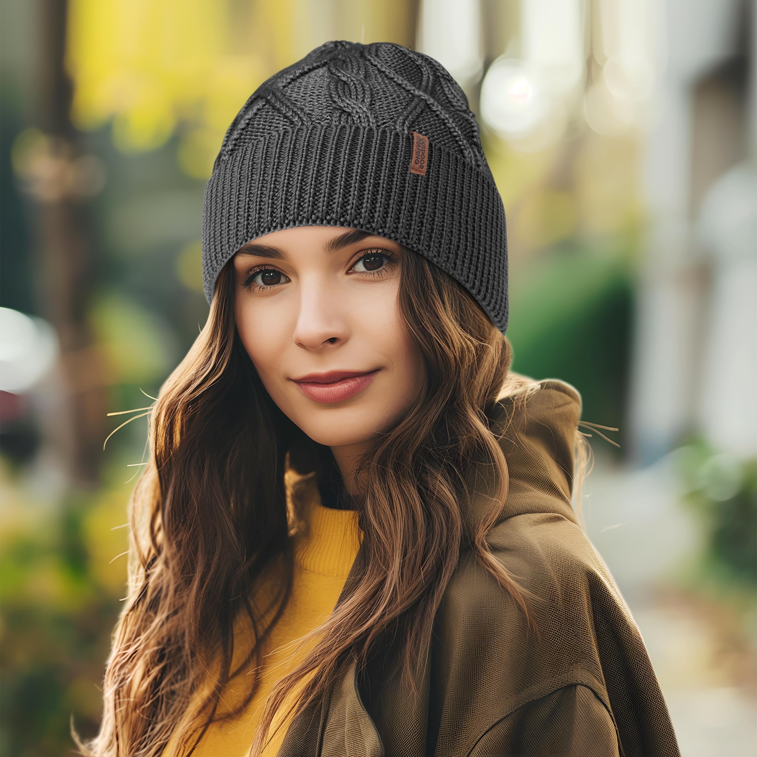 OUTDOOR SHAPING Merino Wool Beanie, Unisex Cable Knit Hat, Daily Rib Cuff Beanie, Warm Winter Cap, Black, One Size