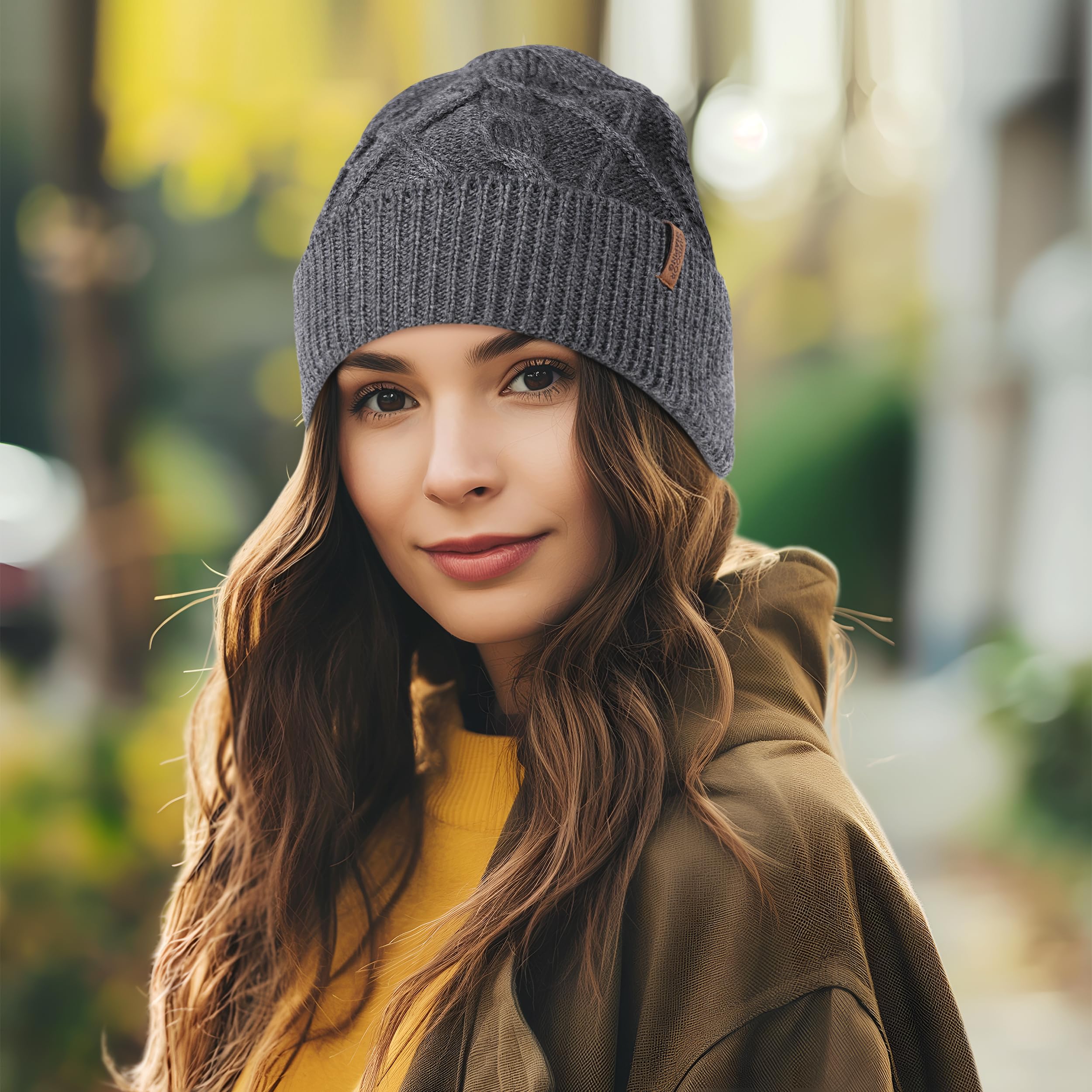 OUTDOOR SHAPING Merino Wool Beanie, Unisex Cable Knit Hat, Daily Rib Cuff Beanie, Warm Winter Cap, Dark Gray, One Size