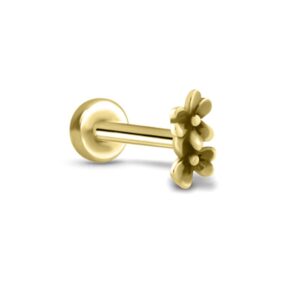 Gold-Tone 316 Stainless Steel Threadless Push Pin Nose Ring Labret Monroe Stud Double Flower, 5/16" (8mm) Post Length 18G