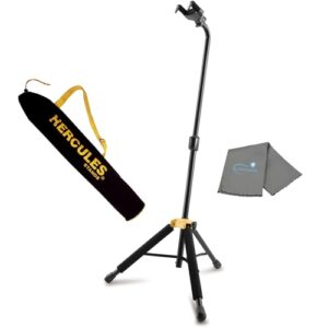 Lumintrail Hercules GS414B PLUS Single Guitar Stand, Auto Grip System, Instant Height Adjustment Clutch, Fits Guitar Neck Sizes 1.57” - 2.05”, with Hercules GSB001 Carrying Bag with a Cleaning Cloth