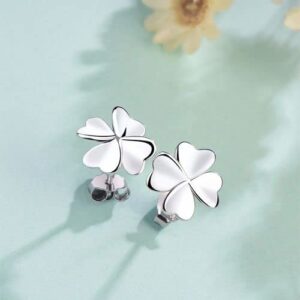 Four Leaf Clover Stud Earrings for Girls Delicate Petite Plant 999 Sterling Silver Jewelry Hand Polished Hypoallergenic Spiral Eardrop for suitable for Women daily wear (7.2mm)