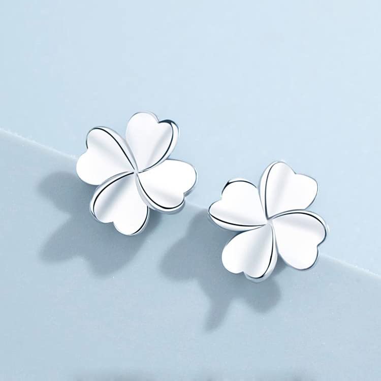 Four Leaf Clover Stud Earrings for Girls Delicate Petite Plant 999 Sterling Silver Jewelry Hand Polished Hypoallergenic Spiral Eardrop for suitable for Women daily wear (7.2mm)