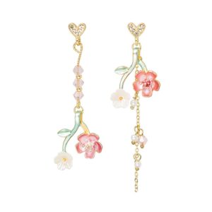 pink flower earrings sakura cherry blossoms drop earrings floral teardrop butterfly fairy leaf petal drop spring women girls jewelry (a pink)