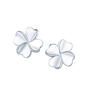 four leaf clover stud earrings for girls delicate petite plant 999 sterling silver jewelry hand polished hypoallergenic spiral eardrop for suitable for women daily wear (7.2mm)