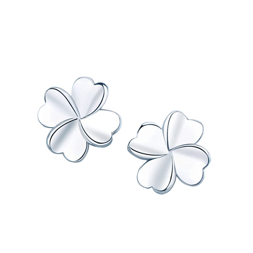 Four Leaf Clover Stud Earrings for Girls Delicate Petite Plant 999 Sterling Silver Jewelry Hand Polished Hypoallergenic Spiral Eardrop for suitable for Women daily wear (7.2mm)