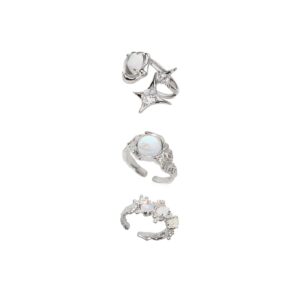 kurtcb y2k rings irregular moonstone carnelian opal rings set agate opening adjustable stackable rings for women (silver)