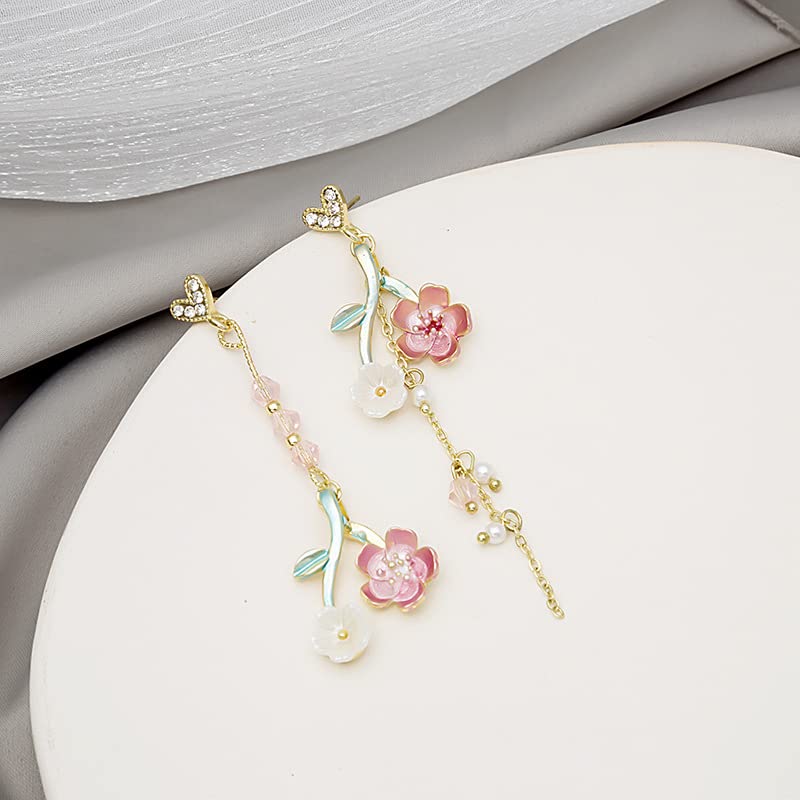 Pink Flower Earrings Sakura Cherry Blossoms Drop Earrings Floral Teardrop Butterfly Fairy Leaf Petal Drop Spring Women Girls Jewelry (A pink)