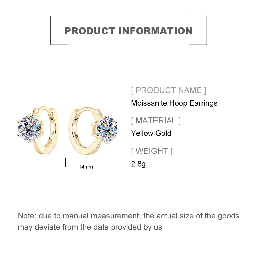 1.0CT Round Cut D Color Moissanite Hoop Earrings for Women,14K Gold Over 925 Silver Six Claw Moissanite Huggie Earrings,Fashion Jewelry Gift for Her