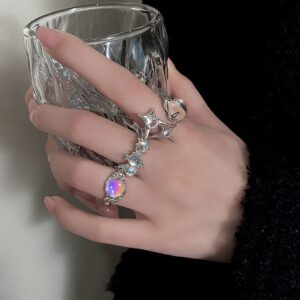 KURTCB Y2K Rings Irregular Moonstone Carnelian Opal Rings Set Agate Opening Adjustable Stackable Rings for Women (Silver)