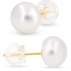 KEZEF Pearl Stud Earrings for Women 14K Real Gold Freshwater Cultured Pearl Earrings - 6.5-7mm Pearls