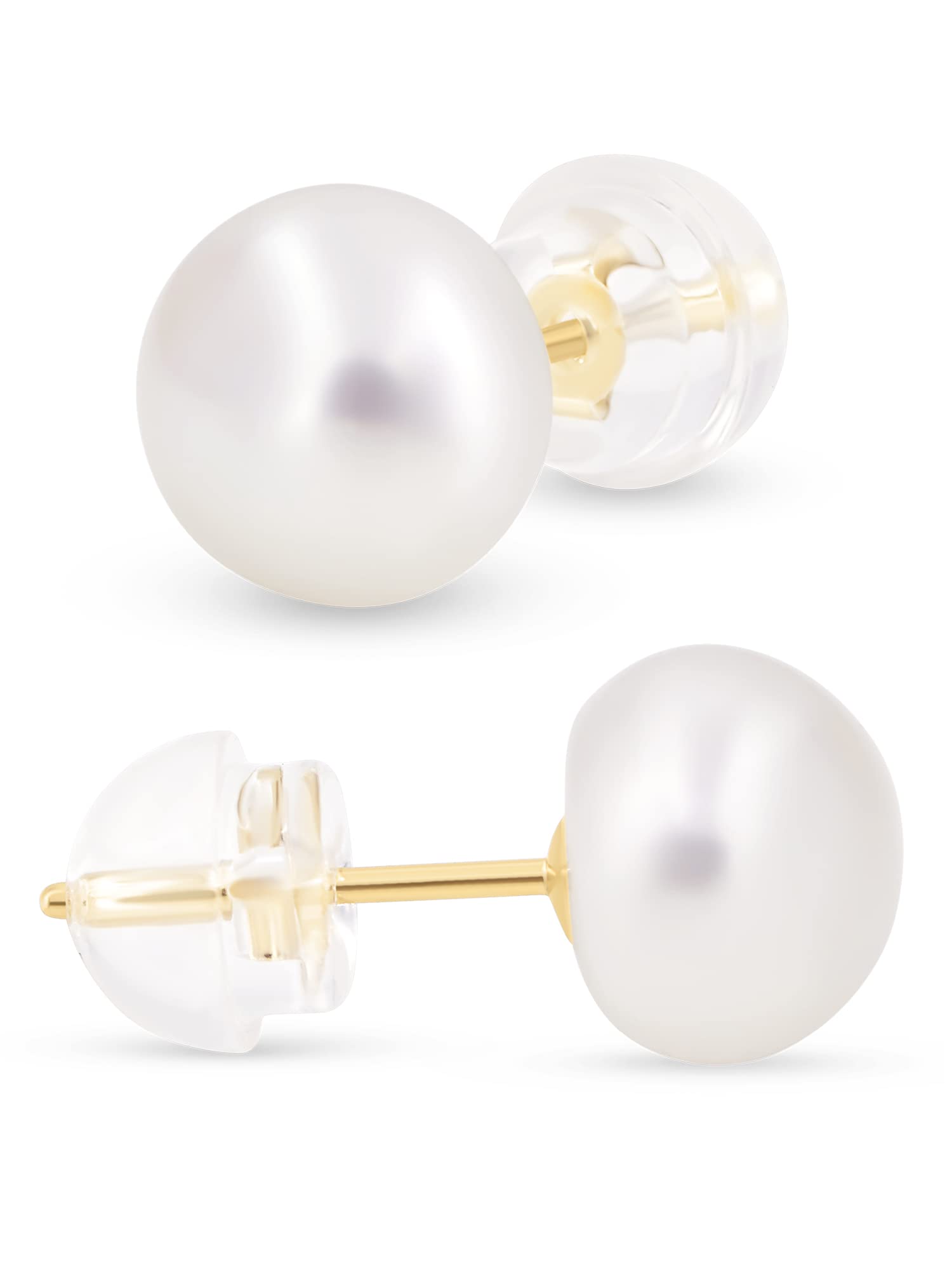 KEZEF Pearl Stud Earrings for Women 14K Real Gold Freshwater Cultured Pearl Earrings - 6.5-7mm Pearls