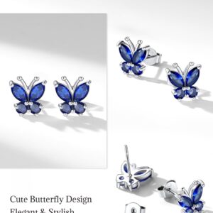 Women Sterling Silver Animal Stud Created Gemstone Sapphire Blue Butterfly Stud Earrings