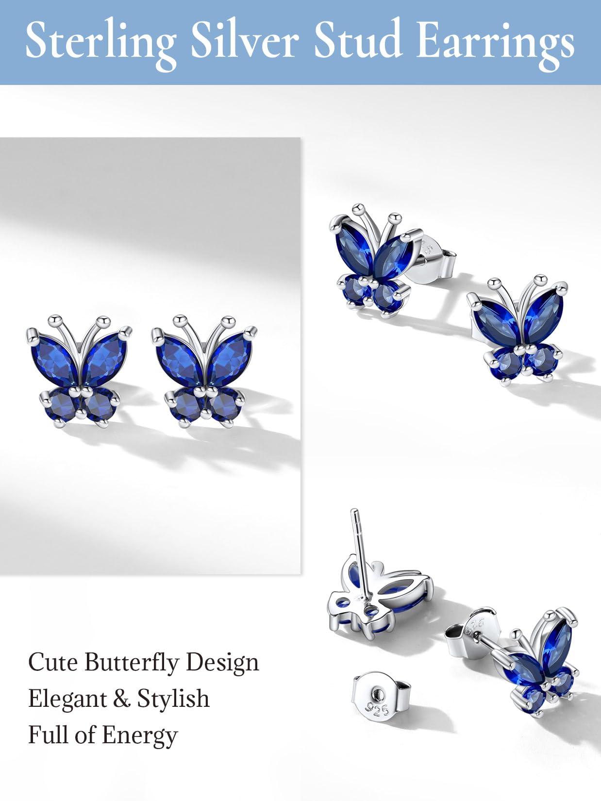 Women Sterling Silver Animal Stud Created Gemstone Sapphire Blue Butterfly Stud Earrings