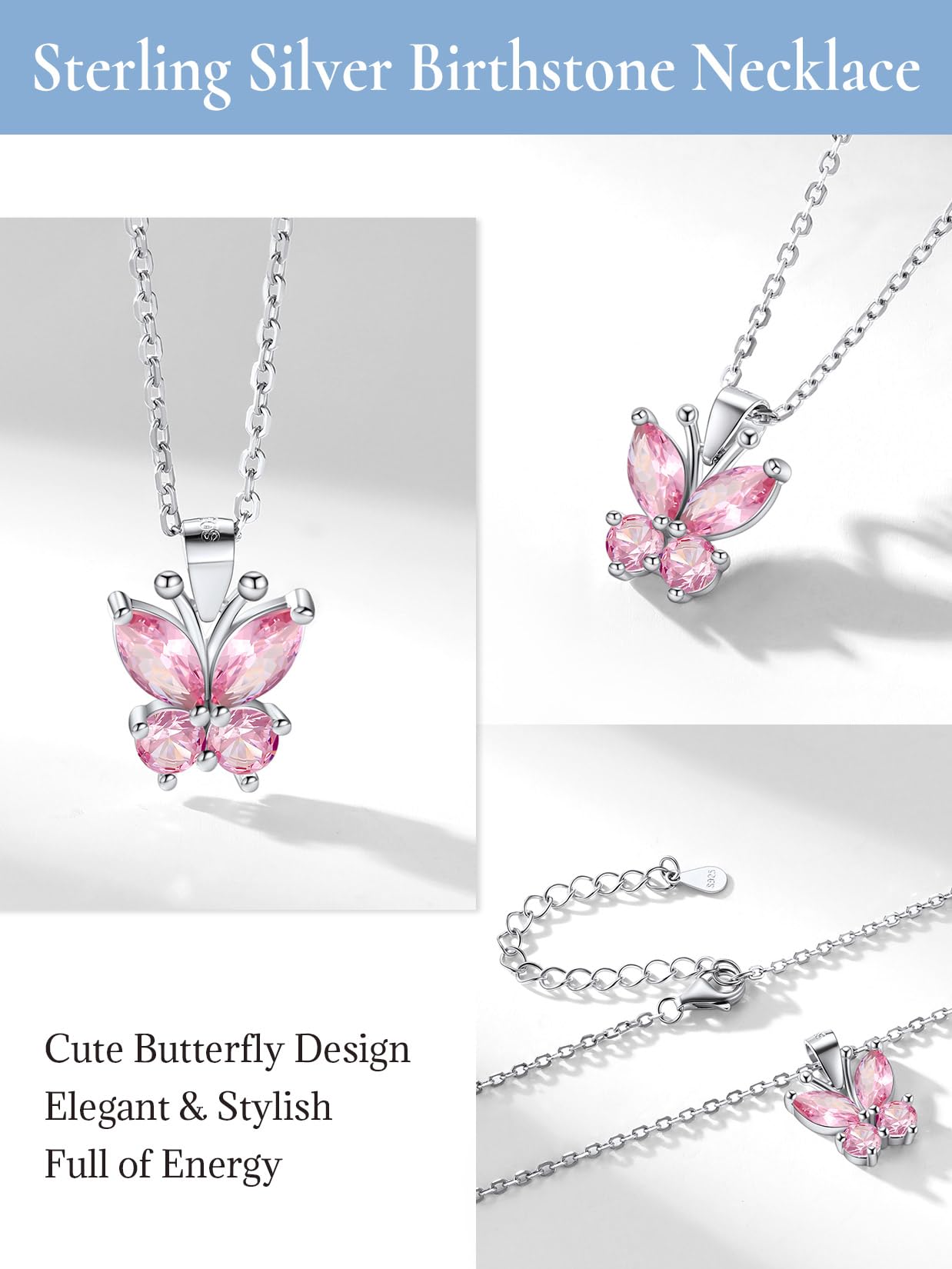 SILVERCUTE Pink Butterfly Pendant Necklace 925 Sterling Sterling Silver Cute Insect Animal Pendant & Chain for Women