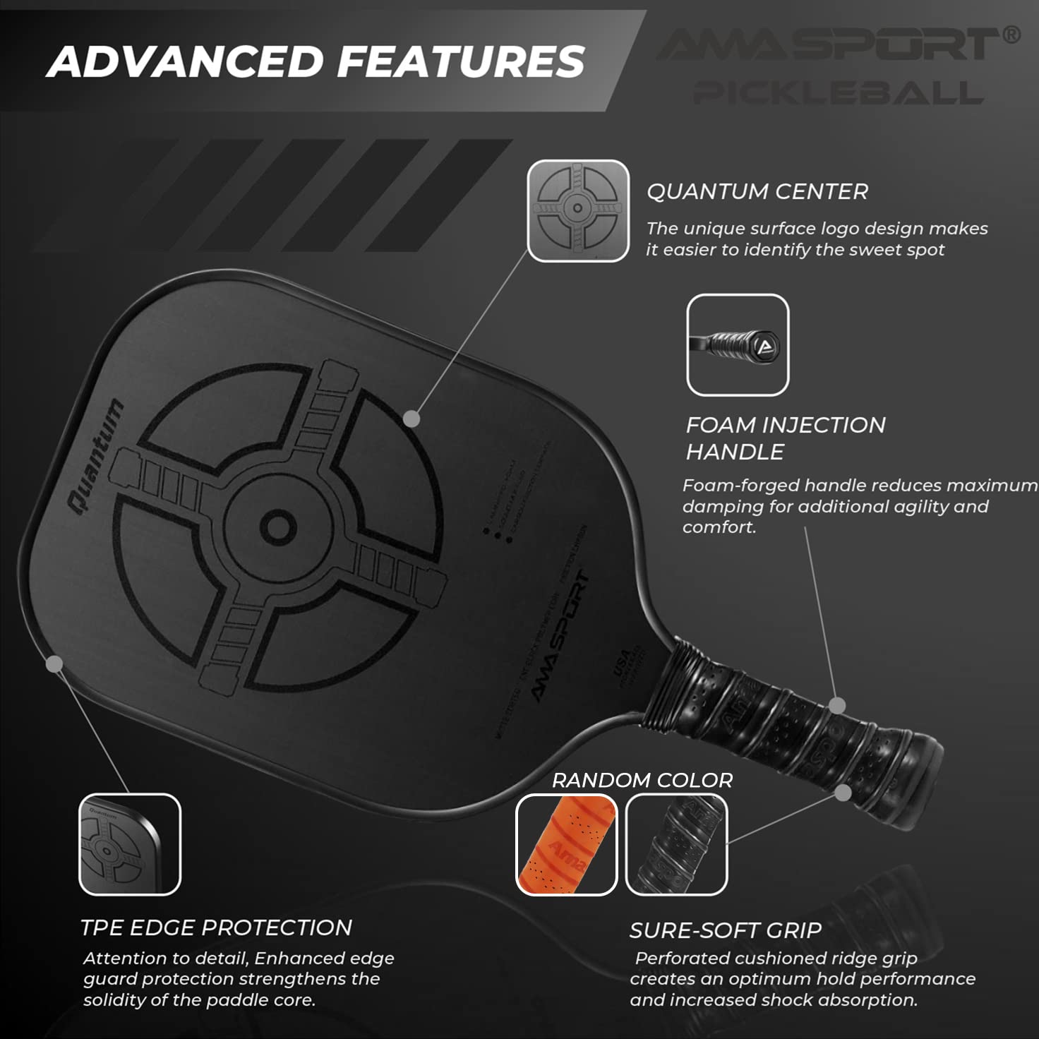 Quantum Pickleball Paddle JC003 - Featherweight Carbon Friction Textured Surface with High Grit & Spin and Agility, Super Lightweight Pickleball Rackets with Highly Flexible and Fast Shot