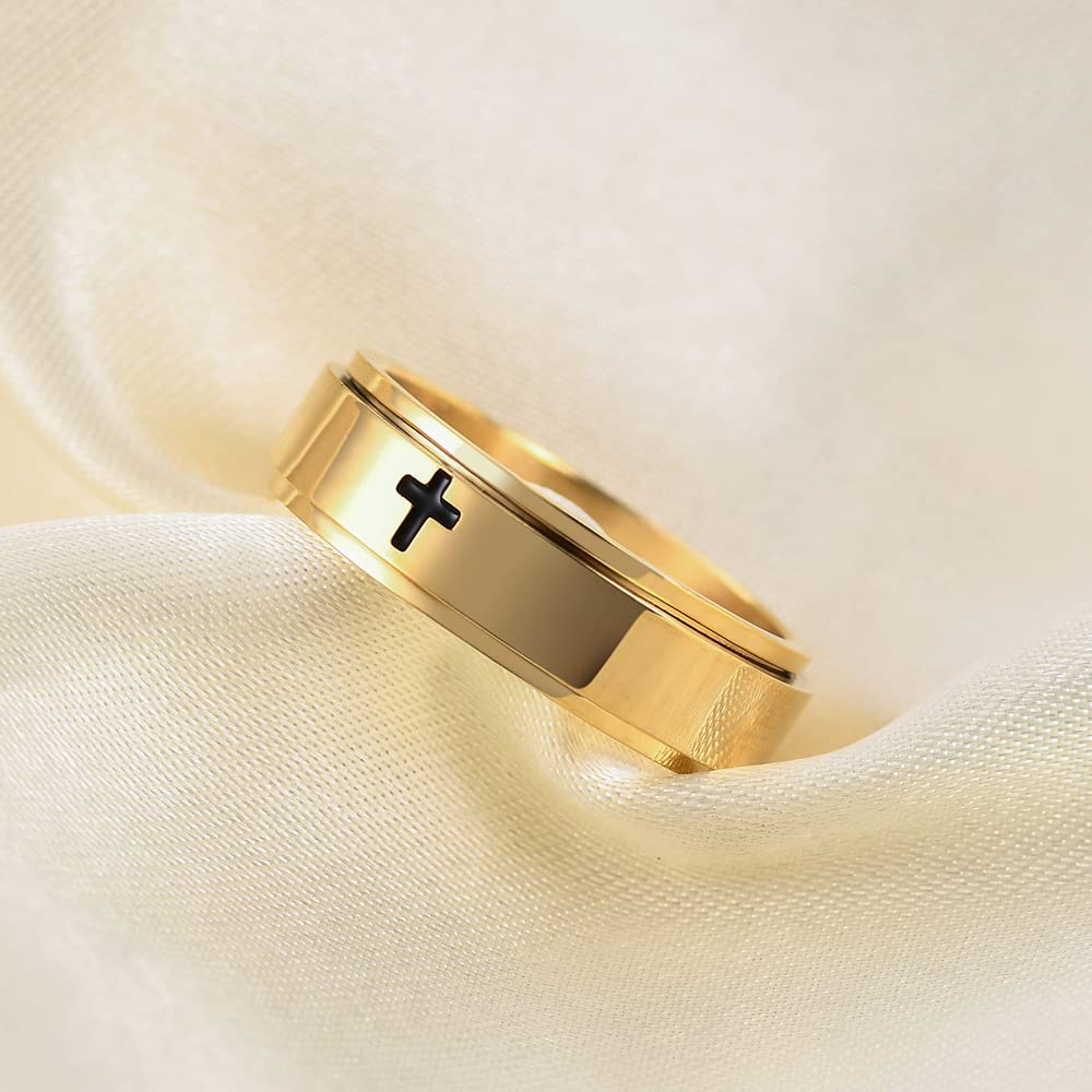 Minimalist Cross Christian Jesus Christ Lord Prayer Rotating Stress Relief Spinner Fidget Band Rings for Men Women for Anxiety Finger Rotate Freely Stainless Steel Fashion Cool Ring Matching Couple Jewelry Birthday Bff Gifts Valentine's Day Anniversary (G