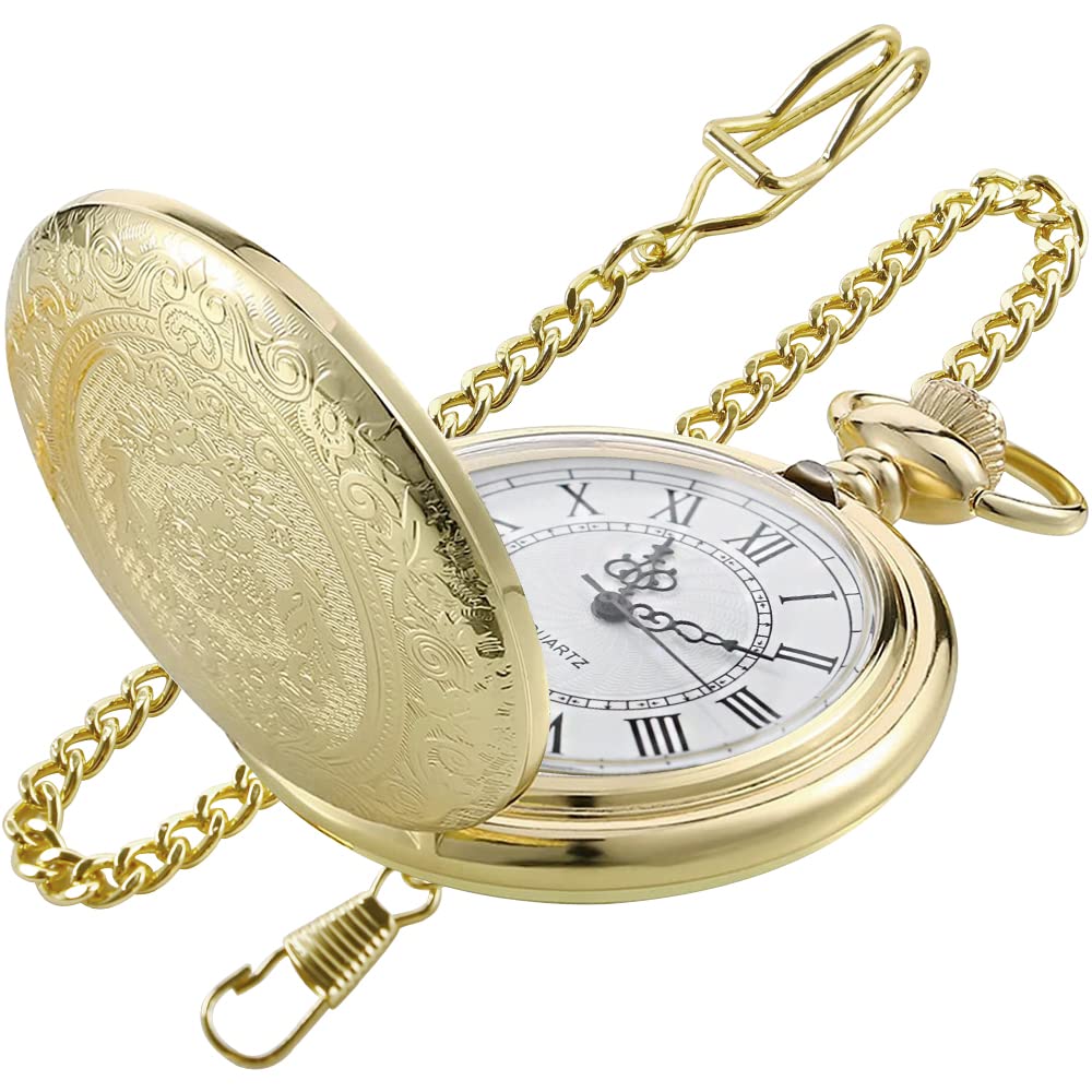 Realpoo Gold Large Decorative Flower Pattern Pocket Watch White Roman Numeral Scale Quartz Pocket Watches for Men with Chain