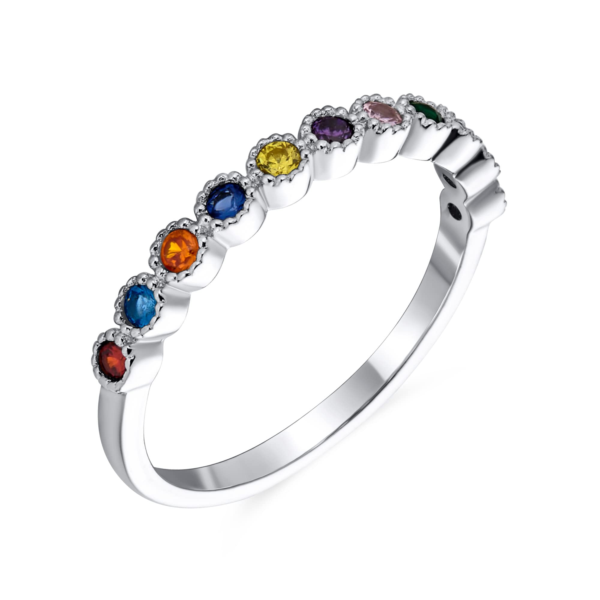 AAA Cubic Zirconia LGBTQ Colorful Rainbow Tiny Round Multi Color CZ Half Eternity Ring Anniversary Thin Wedding Band For Women .925 Sterling Silver 1MM Stackable Rings