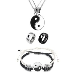 6 pieces yin yang adjustable cord bracelet set for couple yin yang matching pendant necklace for bff yin yang tai chi ring band for friendship boyfriend girlfriend (n yin yang set, one size)