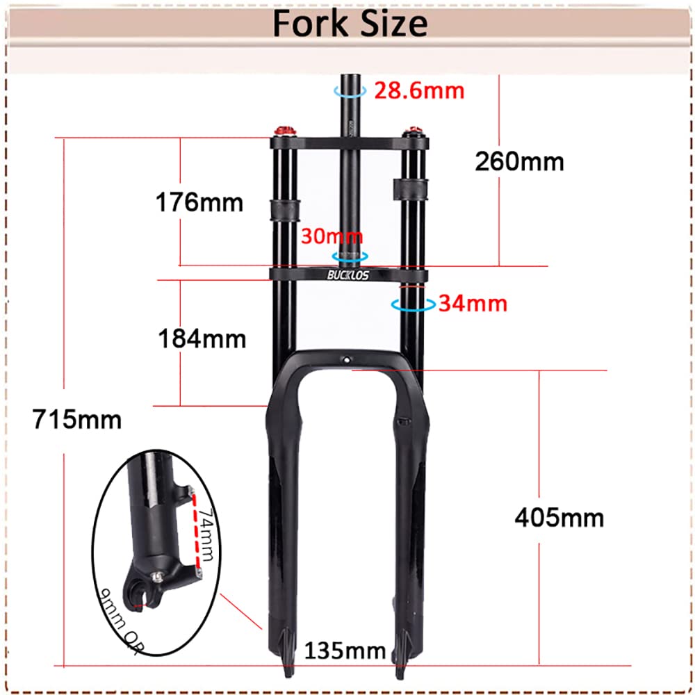 BUCKLOS 26 inch 4.0 Fat Tire Electric Bike Air Suspension Fork, 180mm Travel Spacing Hub 135mm 1 1/8 Straight Tube MTB Manual Lockout 9mm QR Mountain Bike Double Shoulder Ebike Front Forks