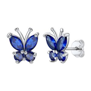 Women Sterling Silver Animal Stud Created Gemstone Sapphire Blue Butterfly Stud Earrings