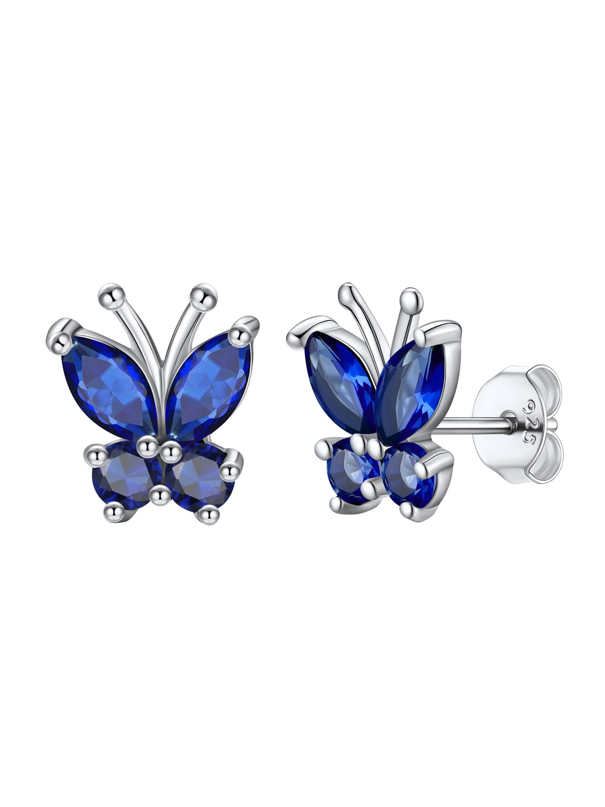 Women Sterling Silver Animal Stud Created Gemstone Sapphire Blue Butterfly Stud Earrings