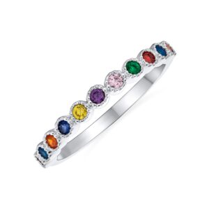 aaa cubic zirconia lgbtq colorful rainbow tiny round multi color cz half eternity ring anniversary thin wedding band for women .925 sterling silver 1mm stackable rings