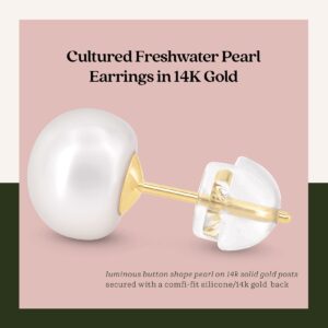 KEZEF Pearl Stud Earrings for Women 14K Real Gold Freshwater Cultured Pearl Earrings - 6.5-7mm Pearls