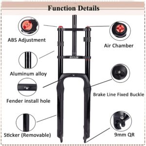 BUCKLOS 26 inch 4.0 Fat Tire Electric Bike Air Suspension Fork, 180mm Travel Spacing Hub 135mm 1 1/8 Straight Tube MTB Manual Lockout 9mm QR Mountain Bike Double Shoulder Ebike Front Forks