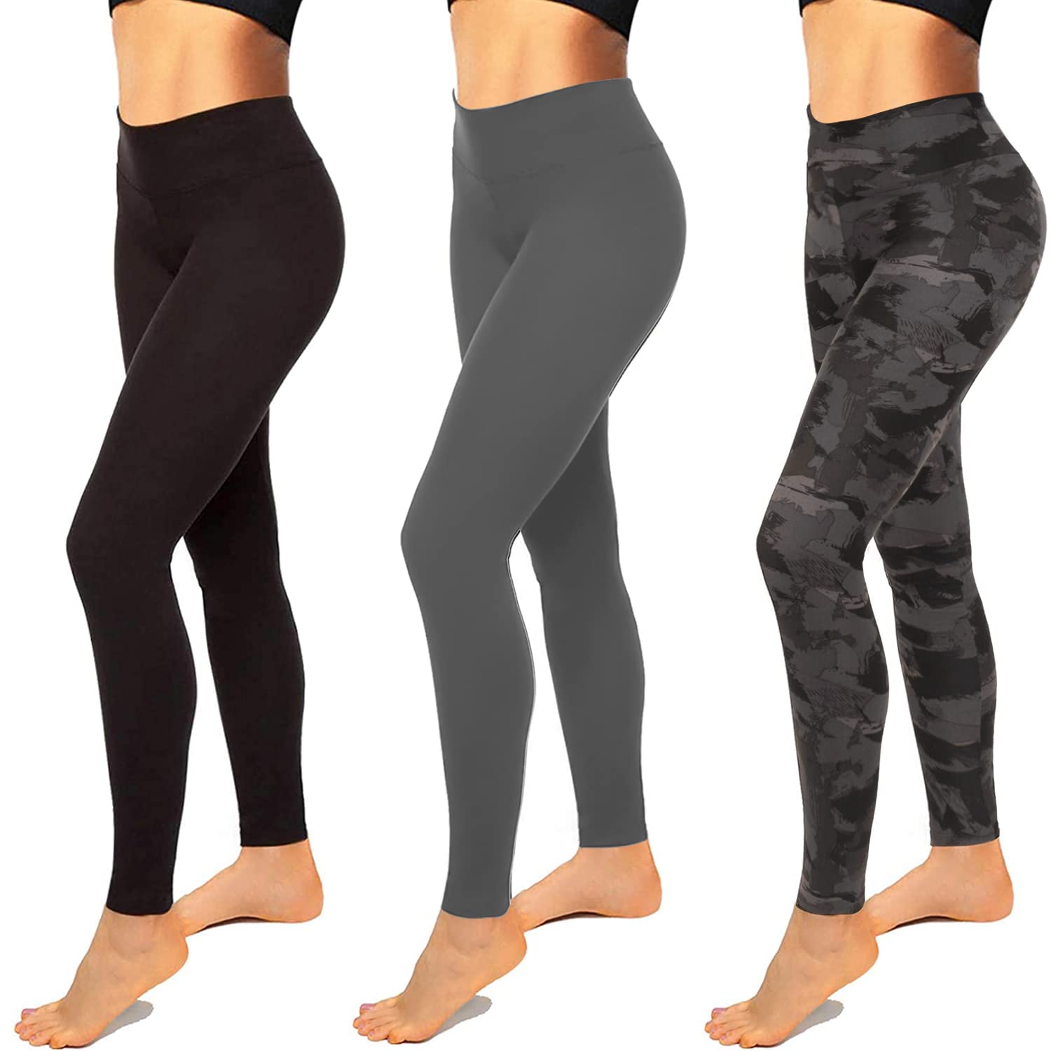 High Waisted Leggings for Women No See-Through-Soft Athletic Tummy Control Black Pants for Running Yoga Workout(3 Pack Black Grey Black Print,Small-Medium)