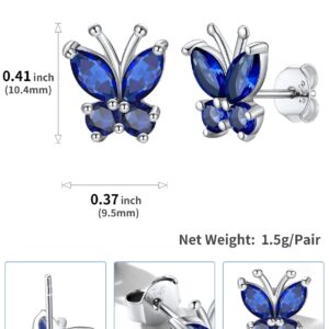 Women Sterling Silver Animal Stud Created Gemstone Sapphire Blue Butterfly Stud Earrings