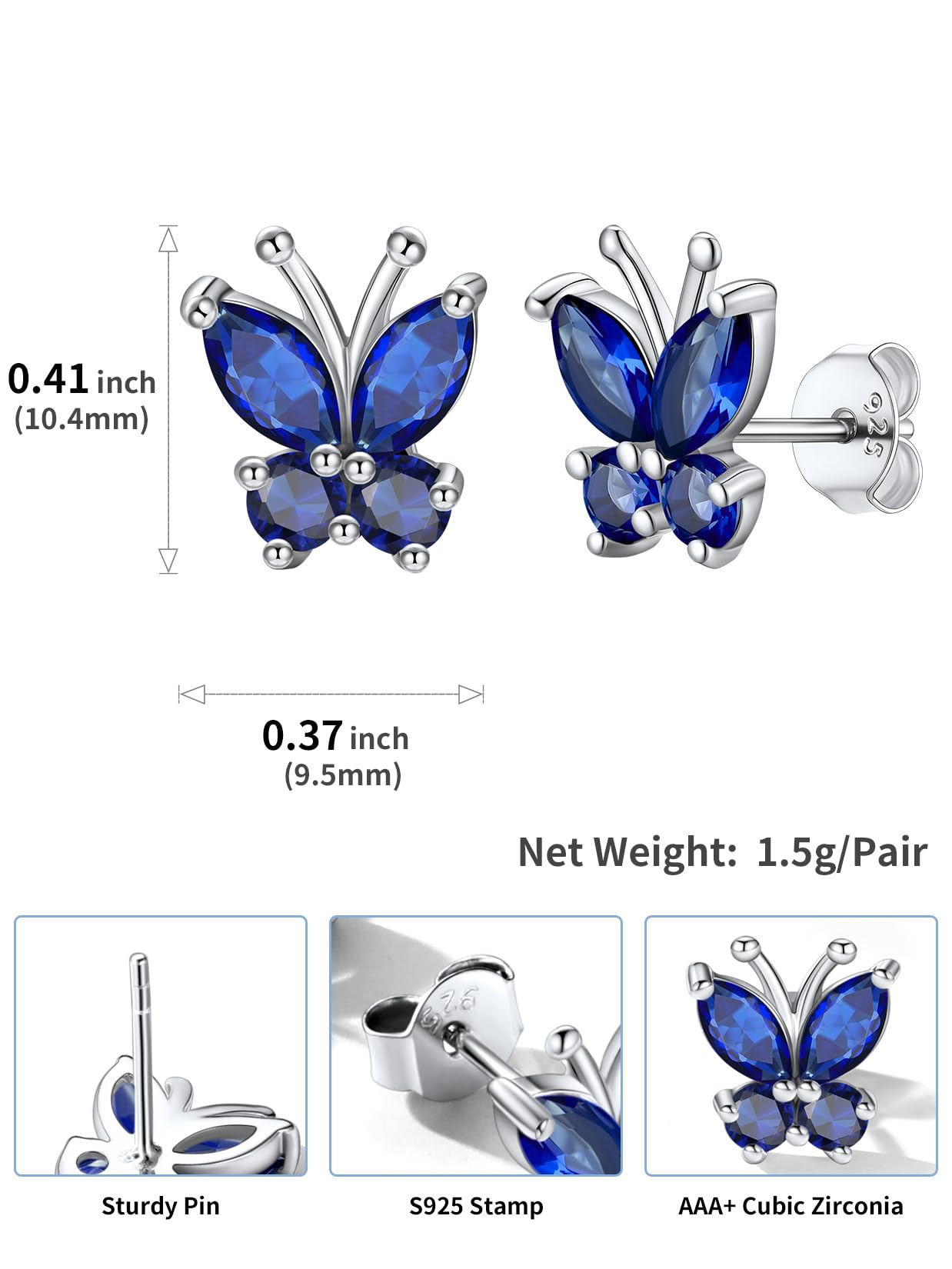 Women Sterling Silver Animal Stud Created Gemstone Sapphire Blue Butterfly Stud Earrings