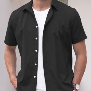 COOFANDY Men's Linen Short Sleeve Business Summer Shirt Fitted Untucked Button Shirt Black