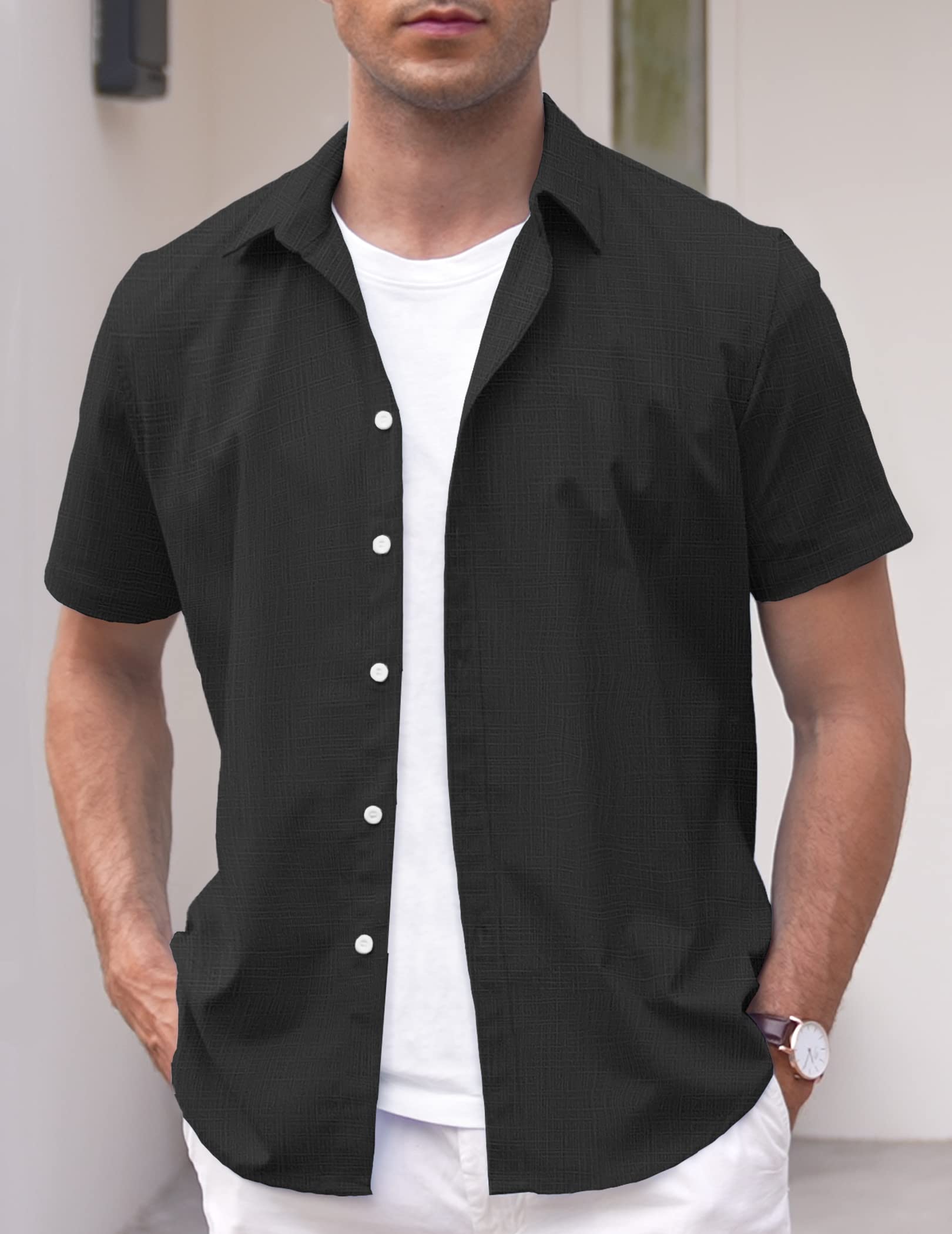 COOFANDY Men's Linen Short Sleeve Business Summer Shirt Fitted Untucked Button Shirt Black