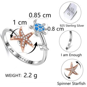 MOONMORY 925 Sterling Silver Spinner Fidget Ring Anxiety Ring for Women Teen Girls Adjustable Statement Jewelry Gift-Cute Turtle Starfish Open Rings (YYR220, 8-10#)