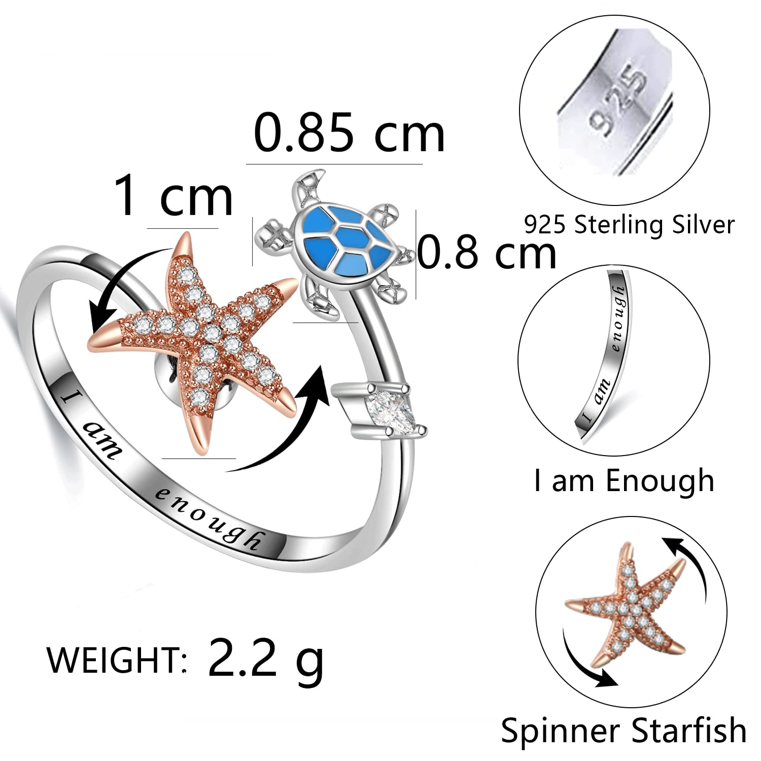 MOONMORY 925 Sterling Silver Spinner Fidget Ring Anxiety Ring for Women Teen Girls Adjustable Statement Jewelry Gift-Cute Turtle Starfish Open Rings (YYR220, 8-10#)