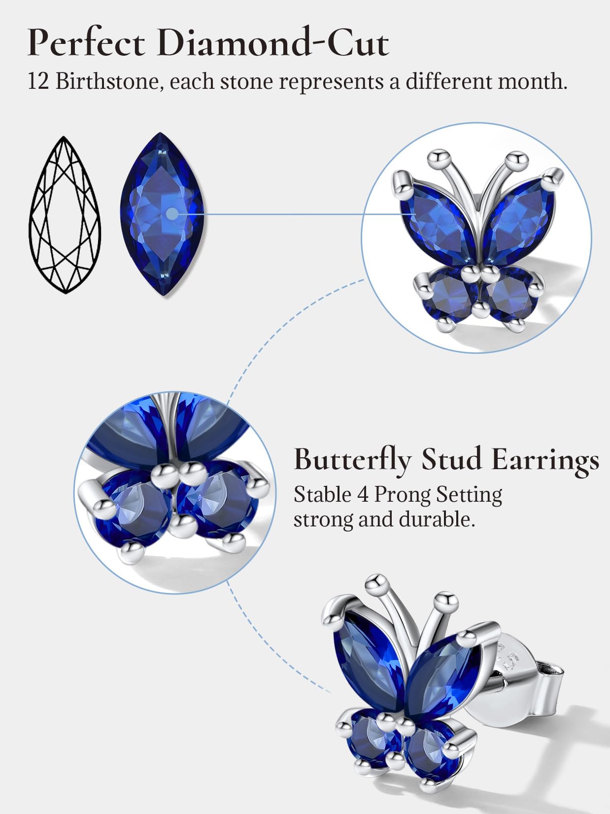 Women Sterling Silver Animal Stud Created Gemstone Sapphire Blue Butterfly Stud Earrings