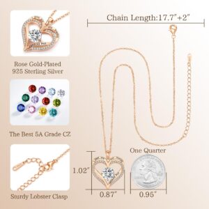 LOUISA SECRET Love Heart Birthstone Necklaces for Women 925 Sterling Silver Christmas's Day Gifts for Women Her Wife Girlfriend Mother Rose Gold Diamond Jewelry Anniversary Birthday Gifts