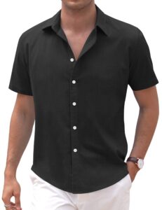 coofandy men's linen short sleeve business summer shirt fitted untucked button shirt black