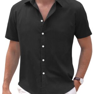 COOFANDY Men's Linen Short Sleeve Business Summer Shirt Fitted Untucked Button Shirt Black